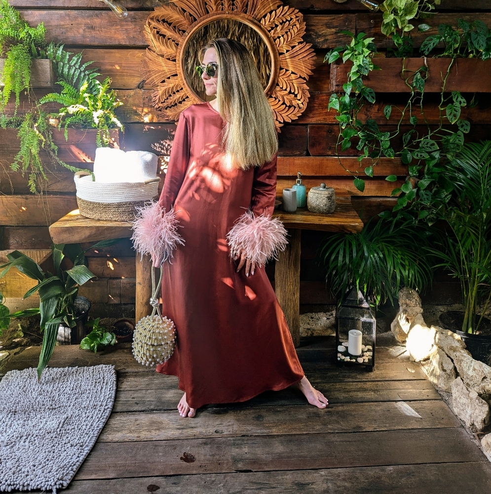 Sleeper Rust Dress with Pink Feather Cuffs